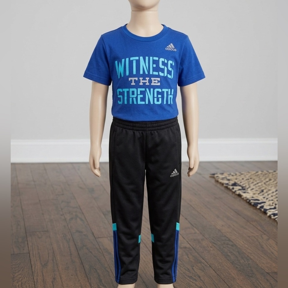 Adidas Boy's 2-Piece Activewear Set Blue Graphic Tee & Black Track Pants Set- 5